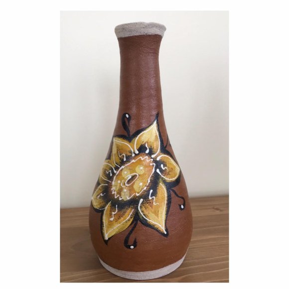 Terracotta Red Clay Vase with Handpainted Sunflower Cuban Design Boho Decor - Picture 1 of 4